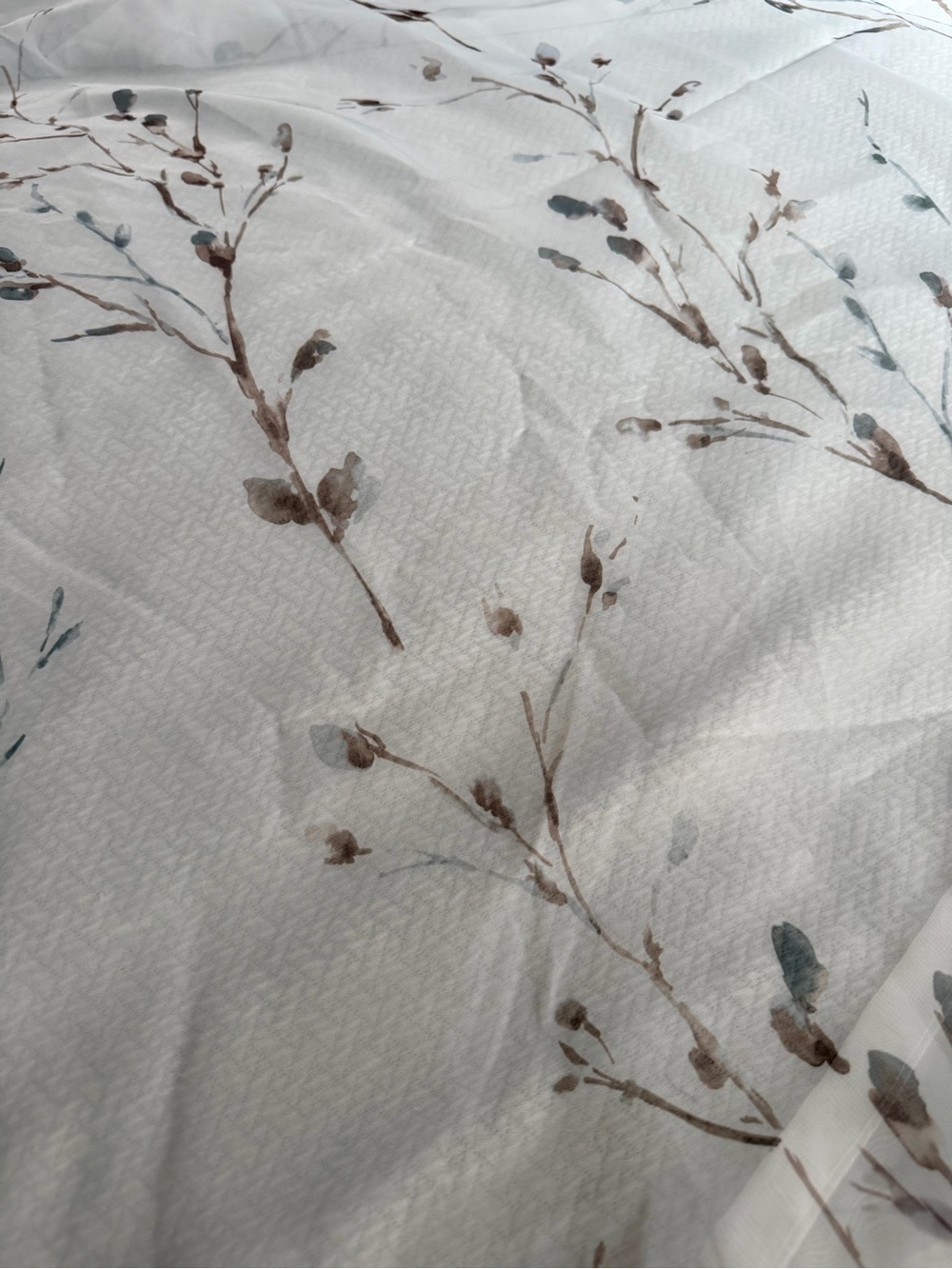 Soft Floral Branch Print sheer curtain panels– White with Brown and Sage Accents